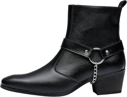 Men's Harness Boot, Ankle Boots Western Style Biker Boot Chunky Heel with Strap & Chain,Side Zipper for Casual Formal Black in Saudi Arabia