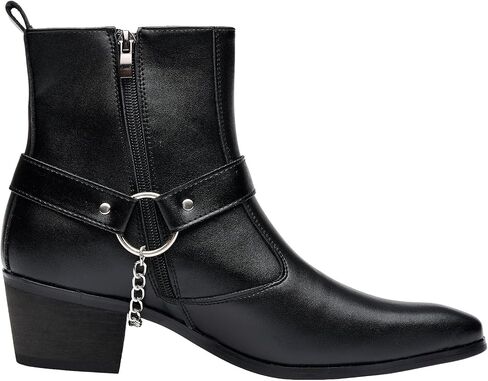 Men's Harness Boot, Ankle Boots Western Style Biker Boot Chunky Heel with Strap & Chain,Side Zipper for Casual Formal Black in Saudi Arabia