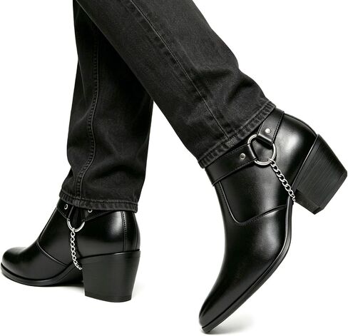 Men's Harness Boot, Ankle Boots Western Style Biker Boot Chunky Heel with Strap & Chain,Side Zipper for Casual Formal Black in Saudi Arabia