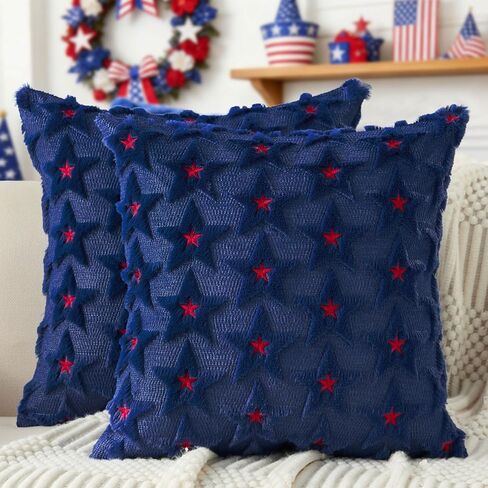 DFXSZ 4th of July Pillow Covers 18x18 inch Set of 2 4th of July Decor Red Embroidery Star Decoration Soft Plush Faux Fur Jacquard Throw Pillows Independence Day Decorations for Home Sofa PTK027A18 in Saudi Arabia