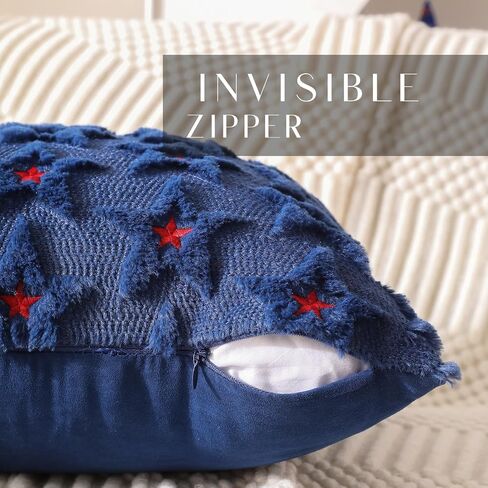 DFXSZ 4th of July Pillow Covers 18x18 inch Set of 2 4th of July Decor Red Embroidery Star Decoration Soft Plush Faux Fur Jacquard Throw Pillows Independence Day Decorations for Home Sofa PTK027A18 in Saudi Arabia