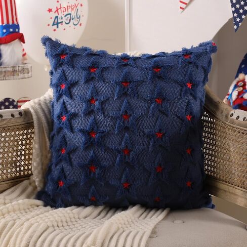 DFXSZ 4th of July Pillow Covers 18x18 inch Set of 2 4th of July Decor Red Embroidery Star Decoration Soft Plush Faux Fur Jacquard Throw Pillows Independence Day Decorations for Home Sofa PTK027A18 in Saudi Arabia