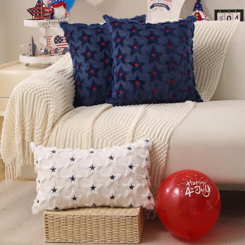 DFXSZ 4th of July Pillow Covers 18x18 inch Set of 2 4th of July Decor Red Embroidery Star Decoration Soft Plush Faux Fur Jacquard Throw Pillows Independence Day Decorations for Home Sofa PTK027A18 in Saudi Arabia