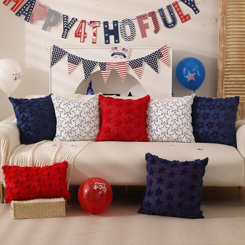 DFXSZ 4th of July Pillow Covers 18x18 inch Set of 2 4th of July Decor Red Embroidery Star Decoration Soft Plush Faux Fur Jacquard Throw Pillows Independence Day Decorations for Home Sofa PTK027A18 in Saudi Arabia