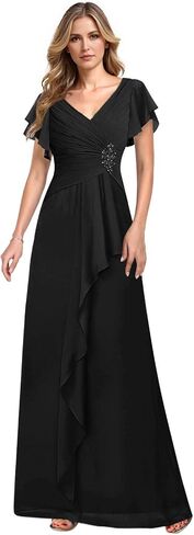Chiffon Lace Mother of The Bride Dresses Long V Neck Ruched Ruffle Formal Wedding Guest Evening Dress HX050 in Saudi Arabia