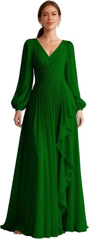 Long Sleeve Pleated Bridesmaid Dress Ruffle Chiffon V Neck A Line Formal Evening Dress with Pockets in Saudi Arabia