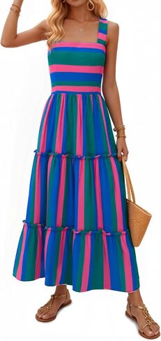 Yousify Womens Summer Maxi Dress 2026 Striped Casual Patchwork A Line Smocked Long Dress Boho Flowy Swing Beach Sundress in Kuwait