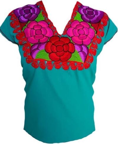 Handmade Mexican Embroidered Blouse for Women – Traditional Chiapas Manta Cotton Top, Colorful Floral Artisan Shirt in Kuwait