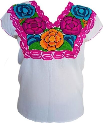 Handmade Mexican Embroidered Blouse for Women – Traditional Chiapas Manta Cotton Top, Colorful Floral Artisan Shirt in Kuwait