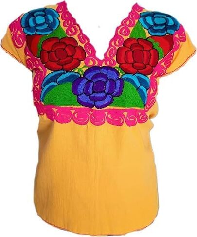Handmade Mexican Embroidered Blouse for Women – Traditional Chiapas Manta Cotton Top, Colorful Floral Artisan Shirt in Kuwait
