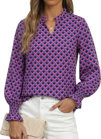 Womens Casual Shirt Long Sleeve Spring Blouse Ruffled Henley V-Neck Top for Dressy Casual Style 2026 Spring Vacation in Saudi Arabia