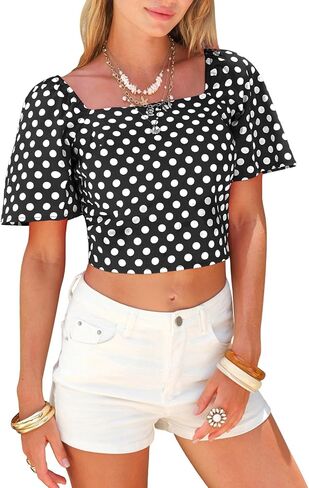 EXLURA Women's 100% Cotton Polka Dot Crop Top Square Neck Open Back Tie Knot Summer Vacation Beach Blouse Cute Ruffle Shirts in Kuwait