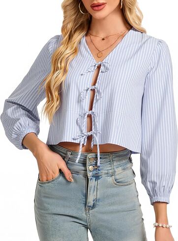 Womens Tops Cute Tie Front Striped Blouses Dressy Casual V Neck Shirts Trendy Long Sleeve Crop Tops in Saudi Arabia