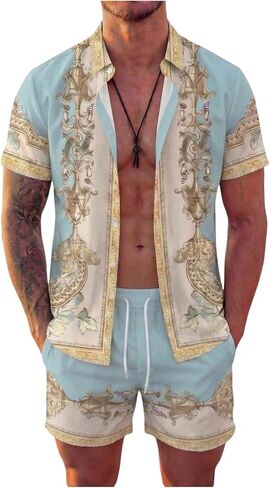 RoseSeek Men's 2 Piece Vacation Outfits Boho Graphic Short Sleeve Button Down Shirts with Beach Shorts Set in Kuwait