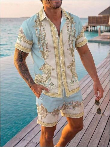 RoseSeek Men's 2 Piece Vacation Outfits Boho Graphic Short Sleeve Button Down Shirts with Beach Shorts Set in Kuwait