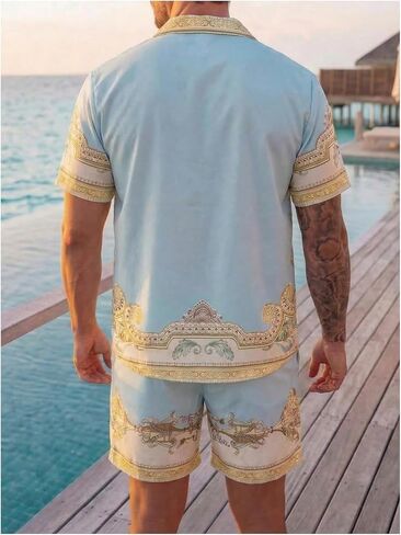 RoseSeek Men's 2 Piece Vacation Outfits Boho Graphic Short Sleeve Button Down Shirts with Beach Shorts Set in Kuwait