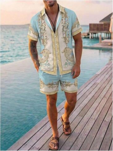 RoseSeek Men's 2 Piece Vacation Outfits Boho Graphic Short Sleeve Button Down Shirts with Beach Shorts Set in Kuwait