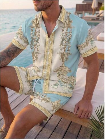 RoseSeek Men's 2 Piece Vacation Outfits Boho Graphic Short Sleeve Button Down Shirts with Beach Shorts Set in Kuwait