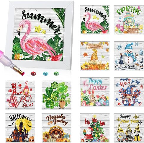 Trandraft 13 Pcs Interchangeable Seasonal Diamond Painting Kits Christmas Diamond Art Kits with Frame Seasonal Cute Cartoon Diamond Painting for Holiday Christmas Home Table Decor Art Craft Gifts in Kuwait