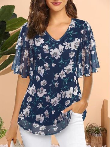بلوزات وقمصان نسائية بأكمام 3/4 قمصان كاجوال أنيقة للعمل بطبقات مزدوجة شبكية تونيكات S-XXL in Kuwait
