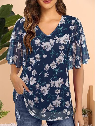 بلوزات وقمصان نسائية بأكمام 3/4 قمصان كاجوال أنيقة للعمل بطبقات مزدوجة شبكية تونيكات S-XXL in Kuwait