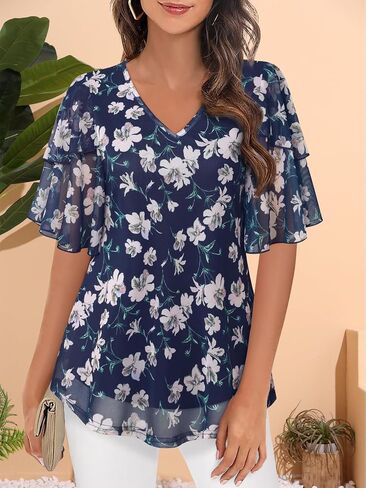 بلوزات وقمصان نسائية بأكمام 3/4 قمصان كاجوال أنيقة للعمل بطبقات مزدوجة شبكية تونيكات S-XXL in Kuwait