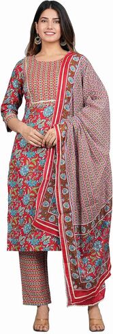 Women's Cotton Printed Round Neck Embrodriery Straight Kurta With Palazzo & Dupatta Set in Saudi Arabia