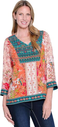 john mark Women's Embroidered V-neck Top With Mixed Prints and Three Quarters Sleeves in Saudi Arabia