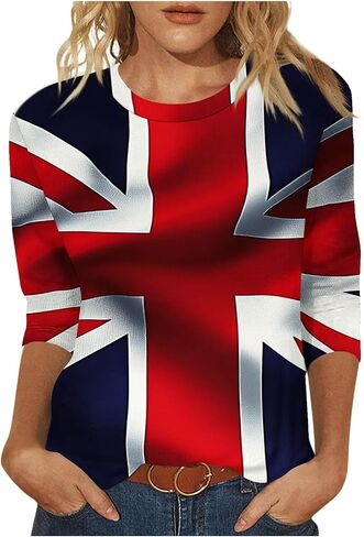 Spring Tops for Womens Blouses Vintage UK Flag Print 3/4 Sleeve T Shirt Comfy Crewneck Tunic Top British Graphic Tees in Kuwait
