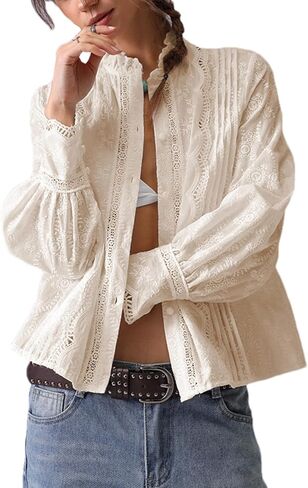 Womens Lace Embroidered Eyelet Cutout Shirt Summer Casual Long Sleeve Slim Fit Blouses Crewneck Tops in Saudi Arabia