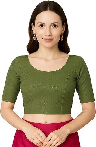 Women's Readymade Saree Blouse with Short Sleeves, Stretchable Ethnic Blouse for Daily & Festive Wear in Kuwait