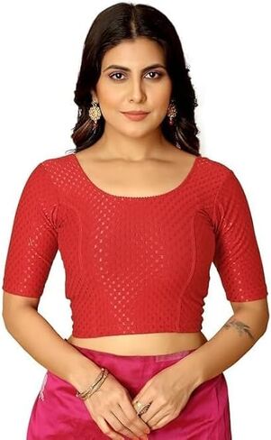 Women's Readymade Saree Blouse with Short Sleeves, Stretchable Ethnic Blouse for Daily & Festive Wear in Kuwait