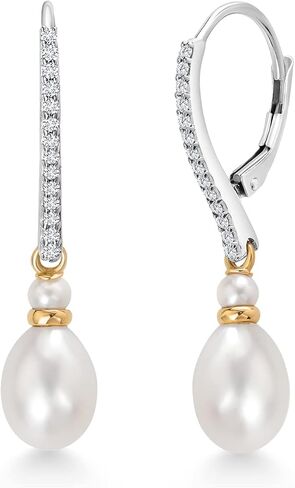 Gem Stone King 925 Sterling Silver and 10K Yellow Gold 9X7MM Cultured Freshwater Pearl and White Lab Grown Diamond Dangling Earrings with Leverback For Women in Kuwait