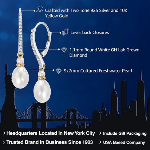 Gem Stone King 925 Sterling Silver and 10K Yellow Gold 9X7MM Cultured Freshwater Pearl and White Lab Grown Diamond Dangling Earrings with Leverback For Women in Kuwait