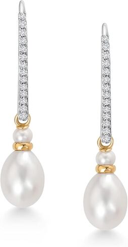 Gem Stone King 925 Sterling Silver and 10K Yellow Gold 9X7MM Cultured Freshwater Pearl and White Lab Grown Diamond Dangling Earrings with Leverback For Women in Kuwait