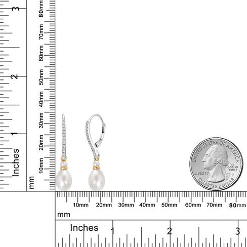 Gem Stone King 925 Sterling Silver and 10K Yellow Gold 9X7MM Cultured Freshwater Pearl and White Lab Grown Diamond Dangling Earrings with Leverback For Women in Kuwait