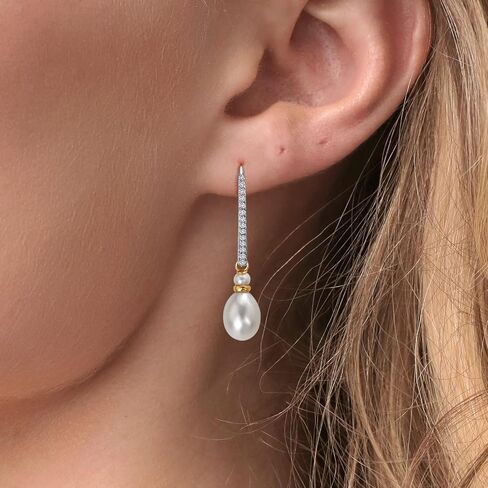 Gem Stone King 925 Sterling Silver and 10K Yellow Gold 9X7MM Cultured Freshwater Pearl and White Lab Grown Diamond Dangling Earrings with Leverback For Women in Kuwait