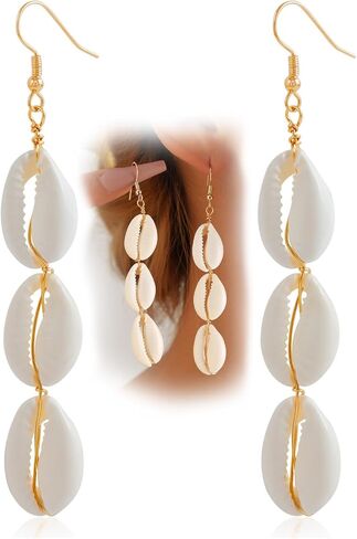 بوهو الأبيض شل Cowrie تتدلى الأقراط للنساء لذيذ الشاطئ الثلاثي صدف هوك قطرة الأقراط المتدلية البوهيمي عطلة ملابس مجوهرات هدايا in Kuwait