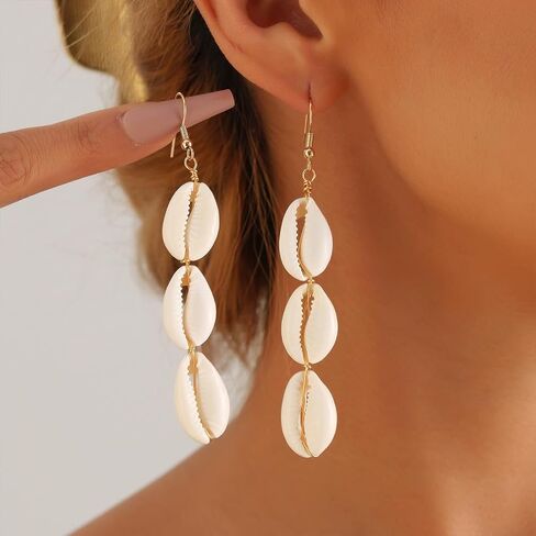 بوهو الأبيض شل Cowrie تتدلى الأقراط للنساء لذيذ الشاطئ الثلاثي صدف هوك قطرة الأقراط المتدلية البوهيمي عطلة ملابس مجوهرات هدايا in Kuwait