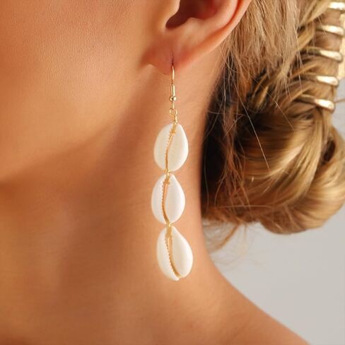 بوهو الأبيض شل Cowrie تتدلى الأقراط للنساء لذيذ الشاطئ الثلاثي صدف هوك قطرة الأقراط المتدلية البوهيمي عطلة ملابس مجوهرات هدايا in Kuwait
