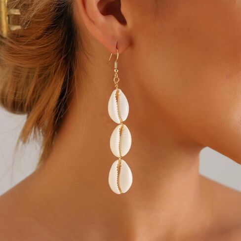 بوهو الأبيض شل Cowrie تتدلى الأقراط للنساء لذيذ الشاطئ الثلاثي صدف هوك قطرة الأقراط المتدلية البوهيمي عطلة ملابس مجوهرات هدايا in Kuwait