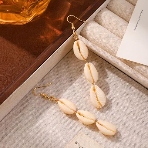 بوهو الأبيض شل Cowrie تتدلى الأقراط للنساء لذيذ الشاطئ الثلاثي صدف هوك قطرة الأقراط المتدلية البوهيمي عطلة ملابس مجوهرات هدايا in Kuwait