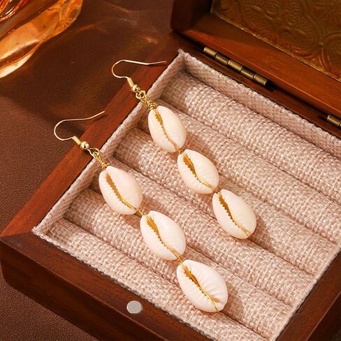 بوهو الأبيض شل Cowrie تتدلى الأقراط للنساء لذيذ الشاطئ الثلاثي صدف هوك قطرة الأقراط المتدلية البوهيمي عطلة ملابس مجوهرات هدايا in Kuwait