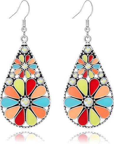 MALOYANVE Boho Teardrop Flower Dangle Earrings for Women Vintage Colorful Hollow Out Enamel Daisy Floral Drop Earrings Bohemian Statement Jewelry Gift in Kuwait