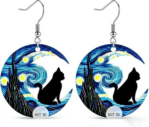 Van Gogh Starry Sky Acrylic Dangle Earrings for Women Moon Black Cat Unique Halloween drop Earring Jewelry Gift for Cat Lovers & Art Fans in Kuwait