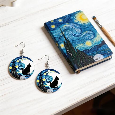 Van Gogh Starry Sky Acrylic Dangle Earrings for Women Moon Black Cat Unique Halloween drop Earring Jewelry Gift for Cat Lovers & Art Fans in Kuwait