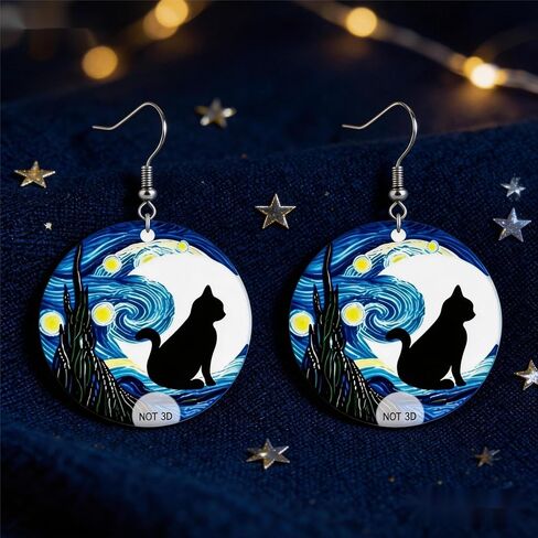 Van Gogh Starry Sky Acrylic Dangle Earrings for Women Moon Black Cat Unique Halloween drop Earring Jewelry Gift for Cat Lovers & Art Fans in Kuwait