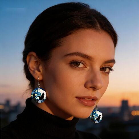 Van Gogh Starry Sky Acrylic Dangle Earrings for Women Moon Black Cat Unique Halloween drop Earring Jewelry Gift for Cat Lovers & Art Fans in Kuwait