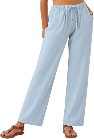 WROLEM Womens Casual Pants Drawstring Elastic High Waisted Loose Fit Straight Summer Beach Dress Trousers in Saudi Arabia