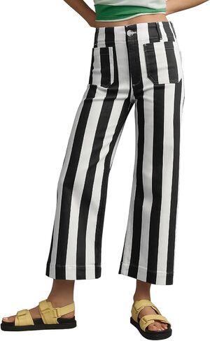 miduo Womens Fashion Buttoned Cropped Striped Straight Leg Pants High Waist Casual Capris Pants with Pockets in Saudi Arabia